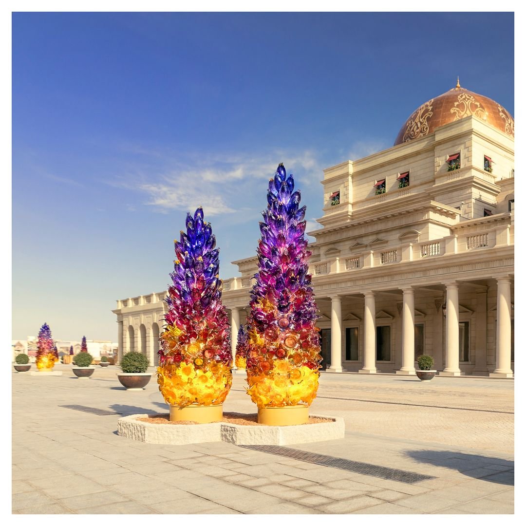 Katara Plaza in Doha with luxury shopping and evening lights