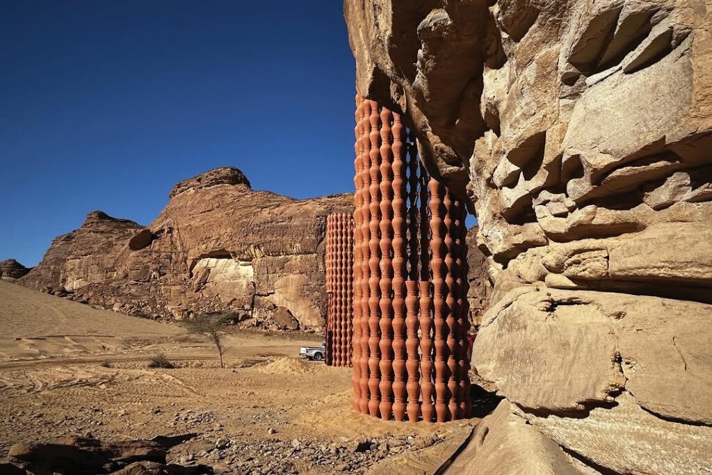 A digital art installation blending Middle Eastern patterns with futuristic technology