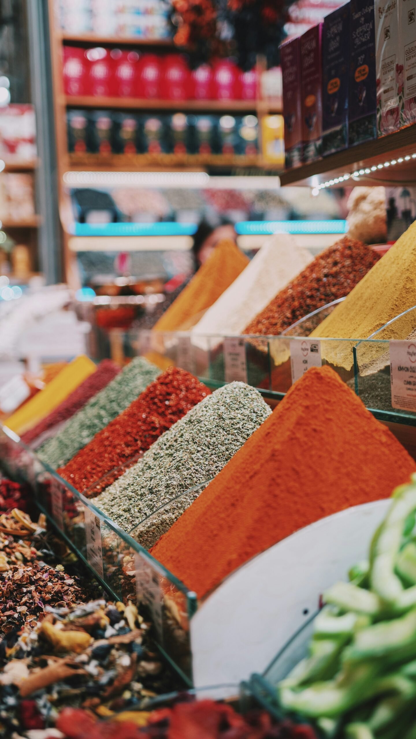 Colorful spice displays and market stalls inside the Spice Bazaar in Istanbul