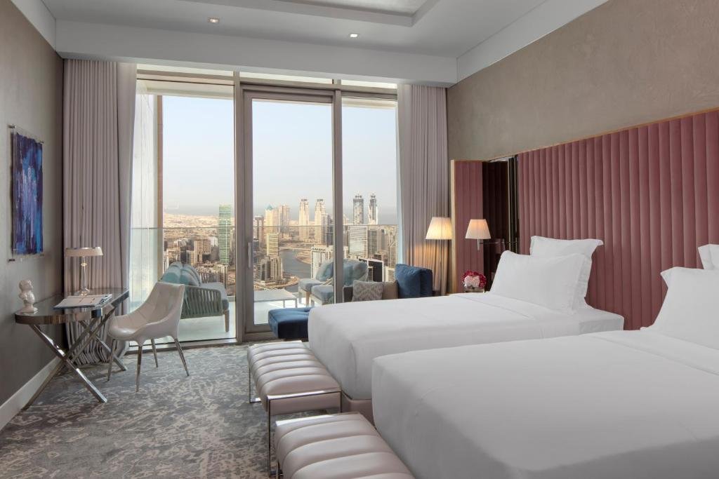 SLS Dubai luxury hotel room with Downtown Dubai skyline views