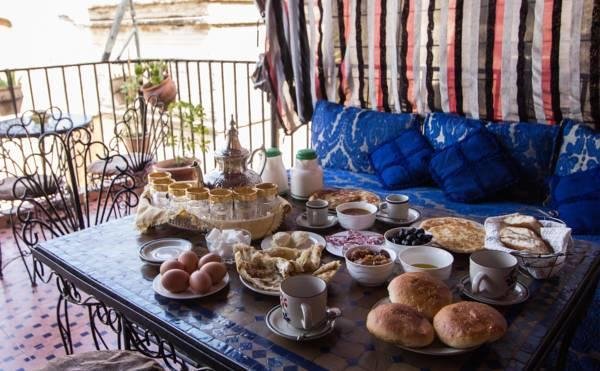 Traditonal Moroccan breakfast offered when staying with local family in Fez.