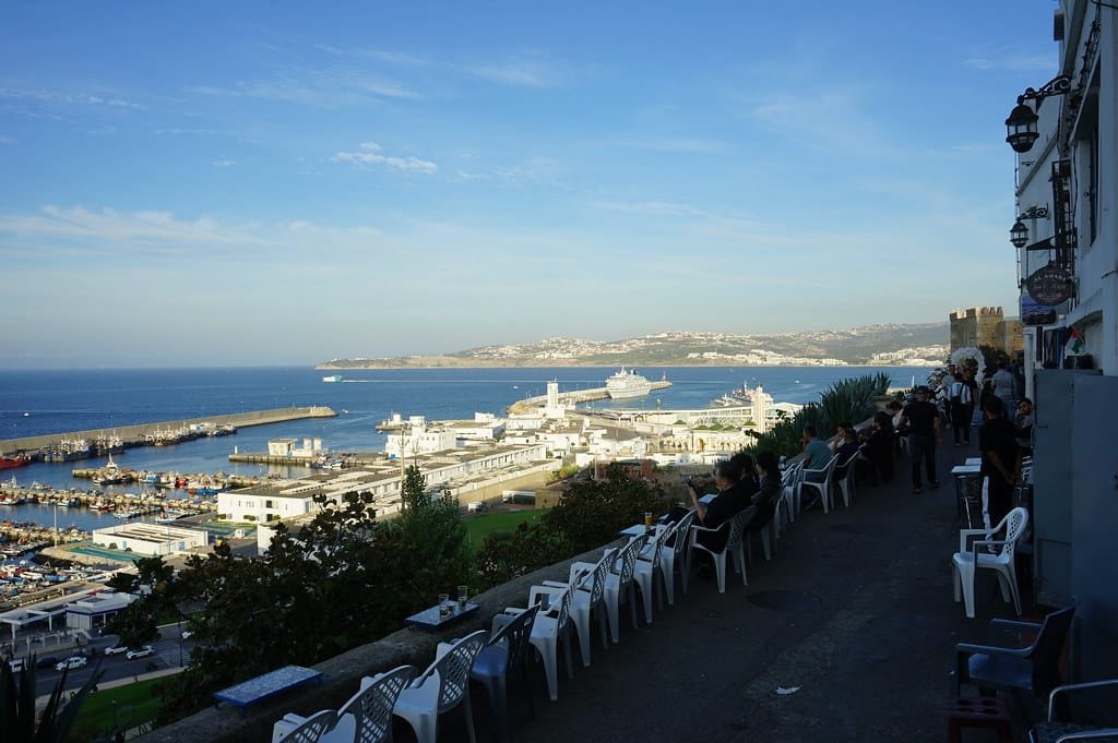 Cafe terraces in the Kasbah district above the port of Tangier.