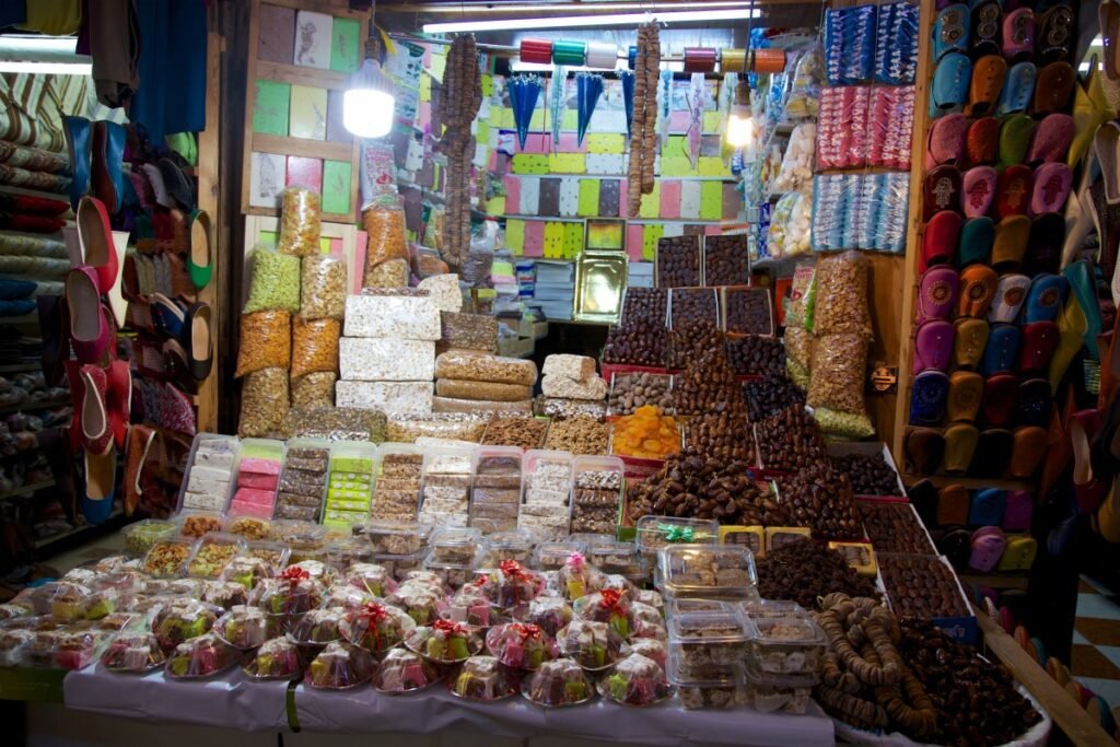 Stall selling nougat and dried fruit in the souks of the Fez medina