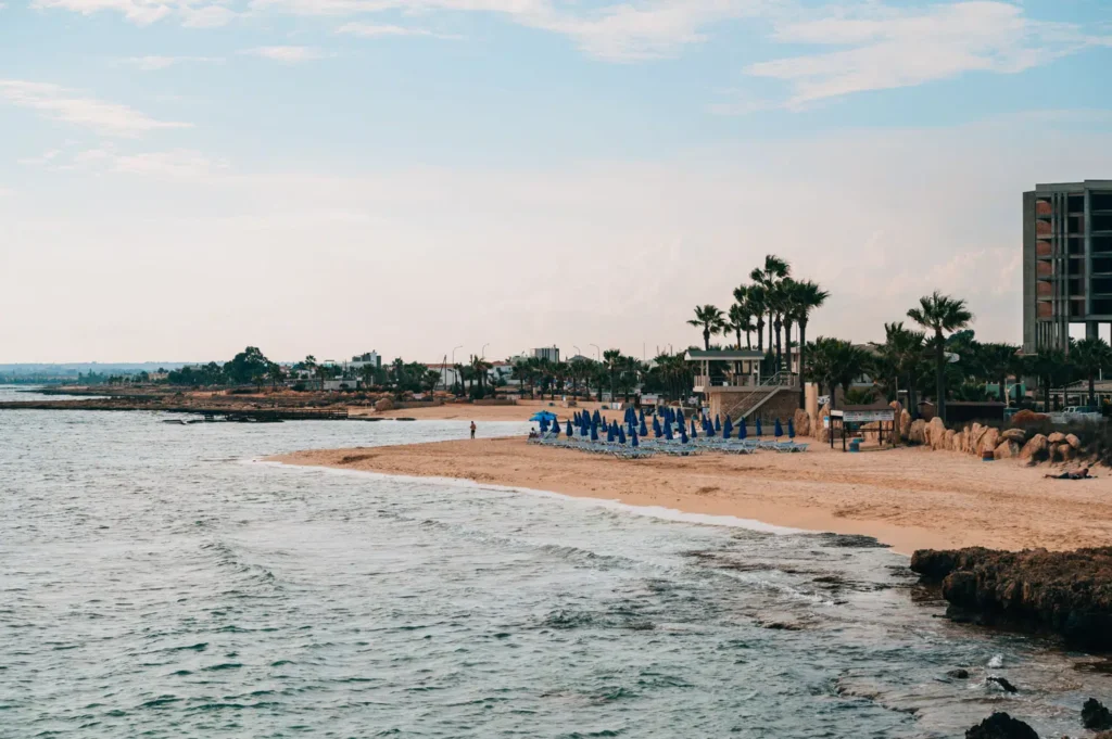 Ayia Thekla Beach near Ayia Napa with sandy bay and blue sea