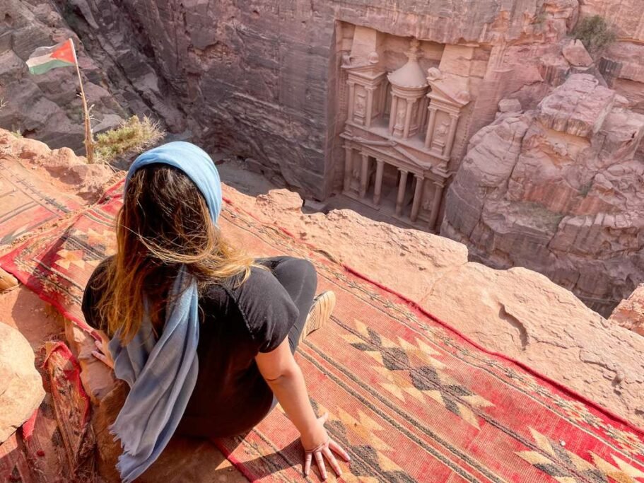 Woman traveler in Jordan wearing a loose layered outfit outdoors