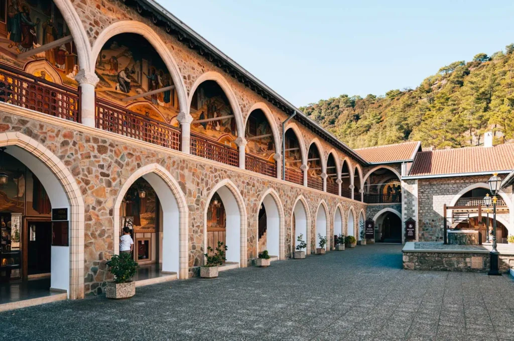 Kykkos Monastery in the Troodos Mountains with colourful mosaics and monastery courtyard