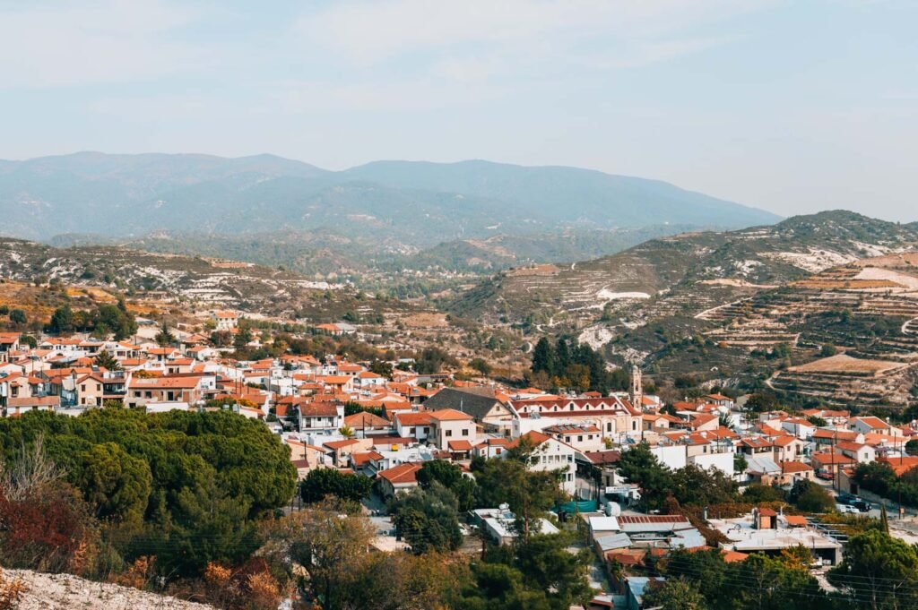 Omodos village in the Troodos Mountains with stone streets and traditional Cypriot houses
