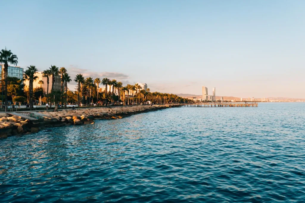 Palm-lined Molos coastal promenade in Limassol Cyprus with sea views and walking paths