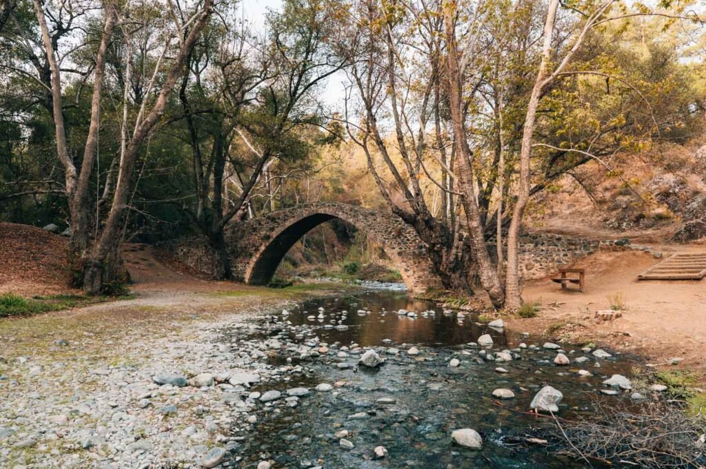 Tzelefos Bridge in the Troodos Mountains with stone arch and forest surroundings