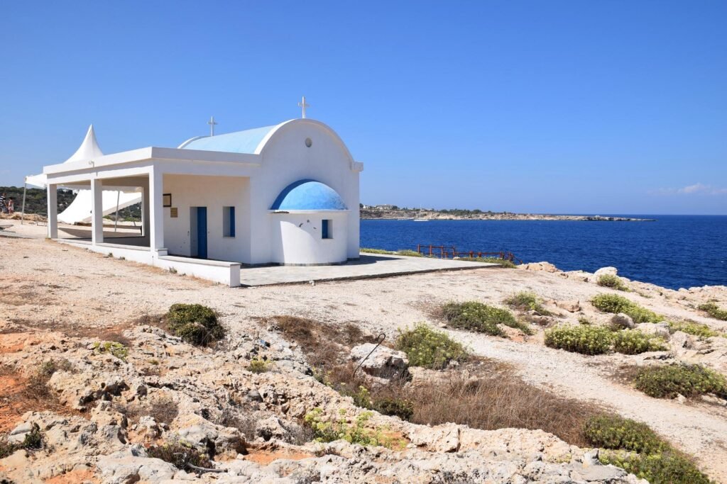 White Agioi Anargyroi Chapel overlooking the sea near Ayia Napa