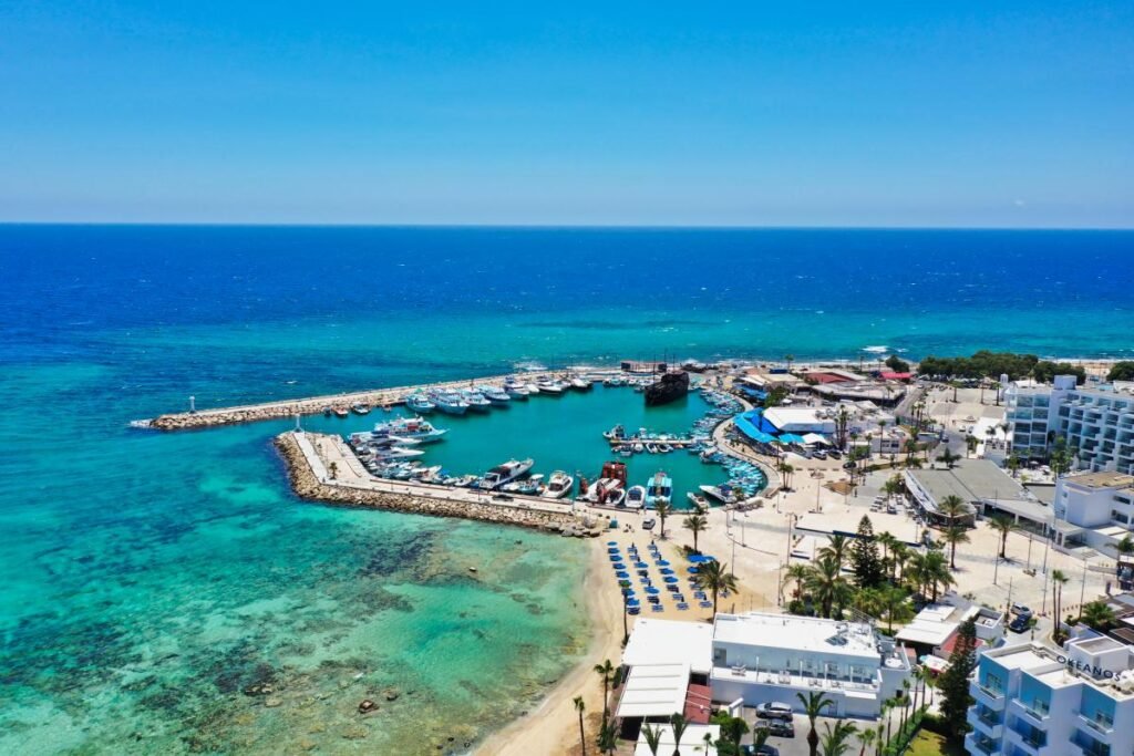 Ayia Napa Harbor with boats and calm sea views in the morning