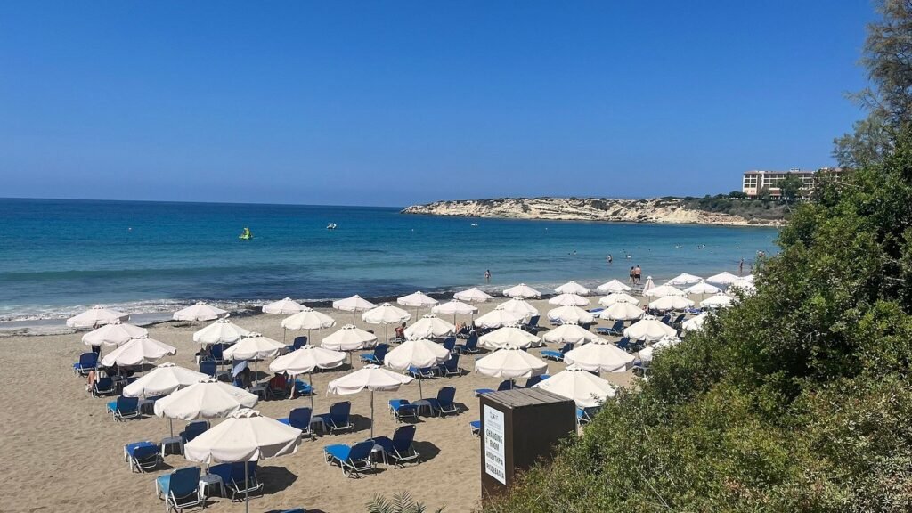 Beach near Paphos with clear Mediterranean water and coastal scenery