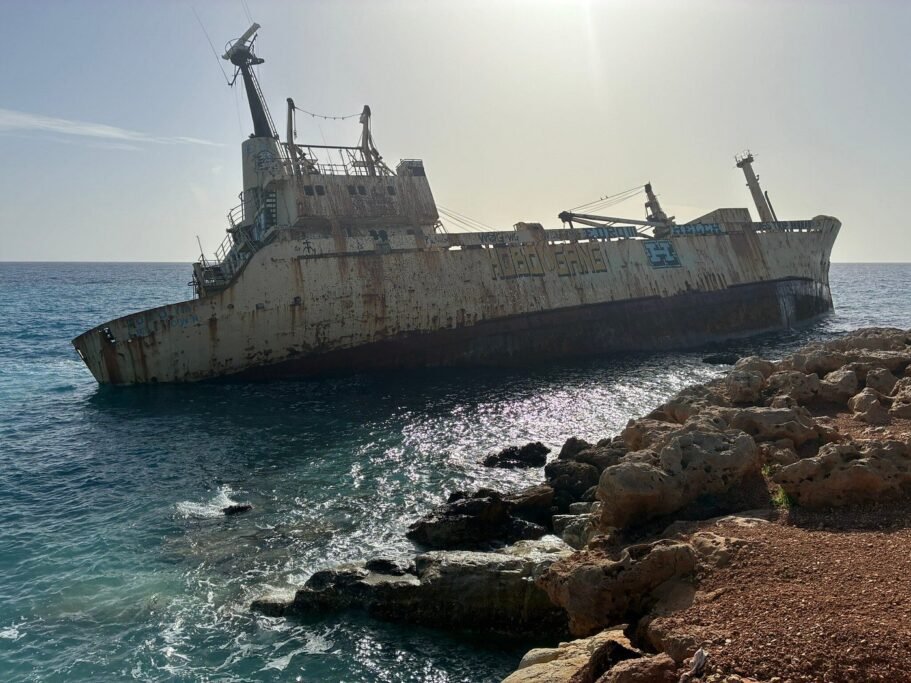 Edro III shipwreck on the rocks near Coral Bay in Paphos