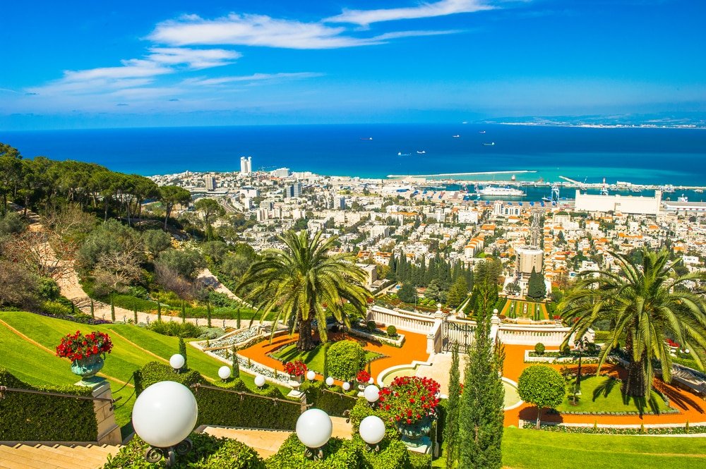 The Baháʼí Gardens and Haifa skyline on Mount Carmel in northern Israel