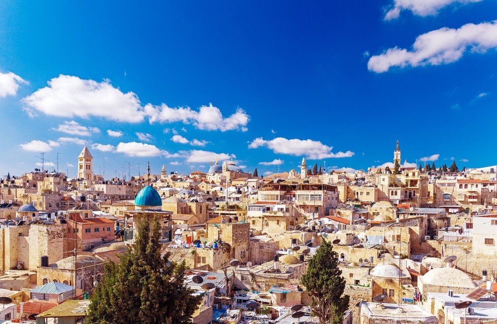 Jerusalem Old City skyline with historic religious landmarks seen from above