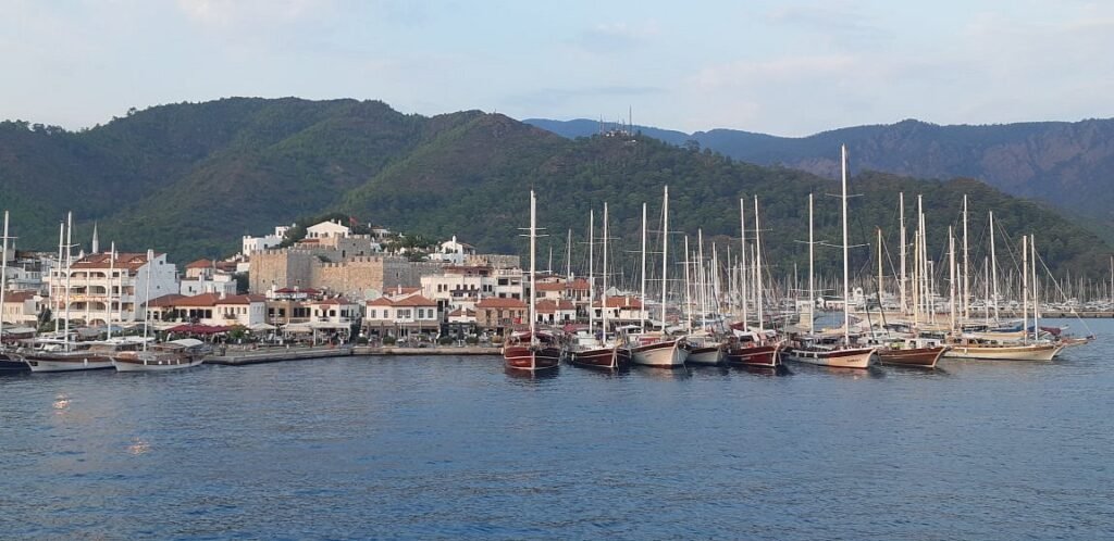 Boats and yachts docked at Marmaris Marina in the evening