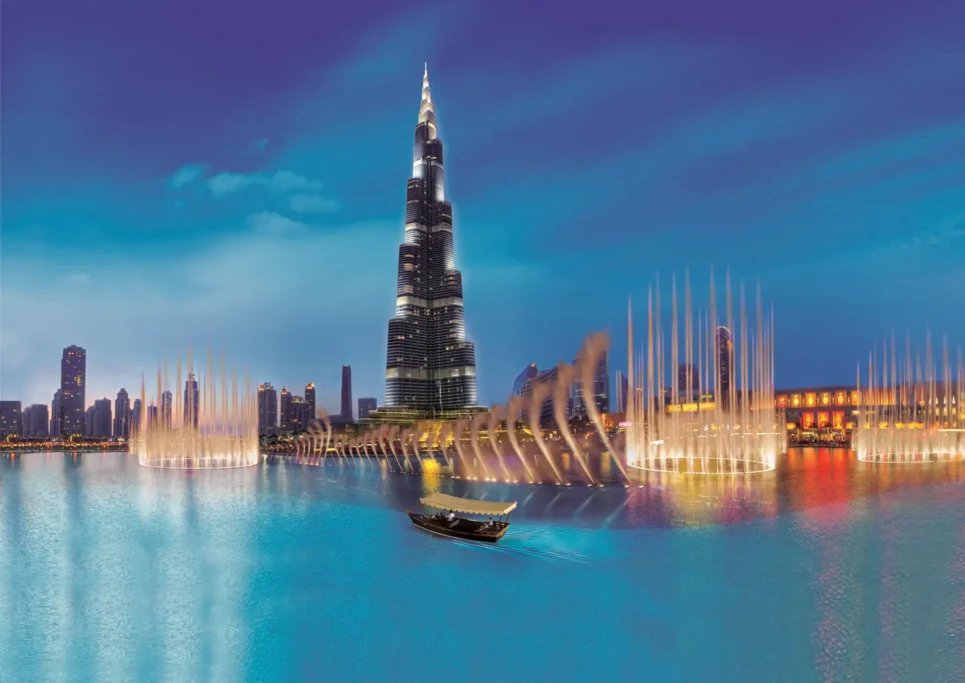 Dubai Fountain Lake Ride on Burj Lake with Burj Khalifa views at night