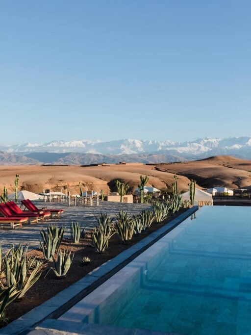 Swimming pool and desert views at Inara Camp in the Agafay Desert near Marrakech