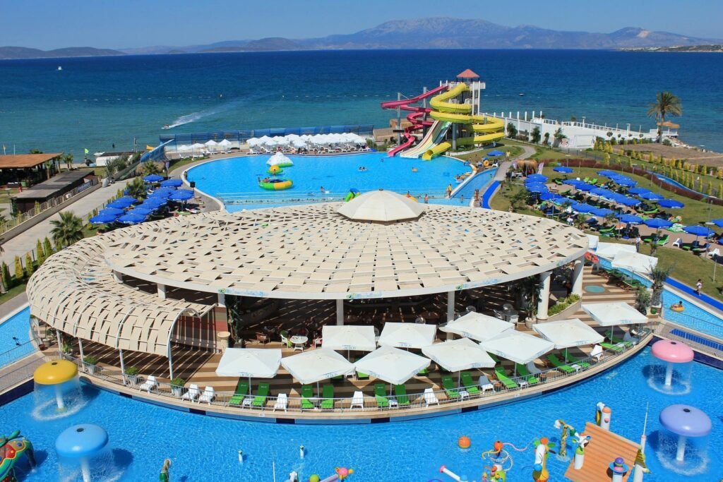 Colorful children’s water play area at Aqua Toy City in Cesme