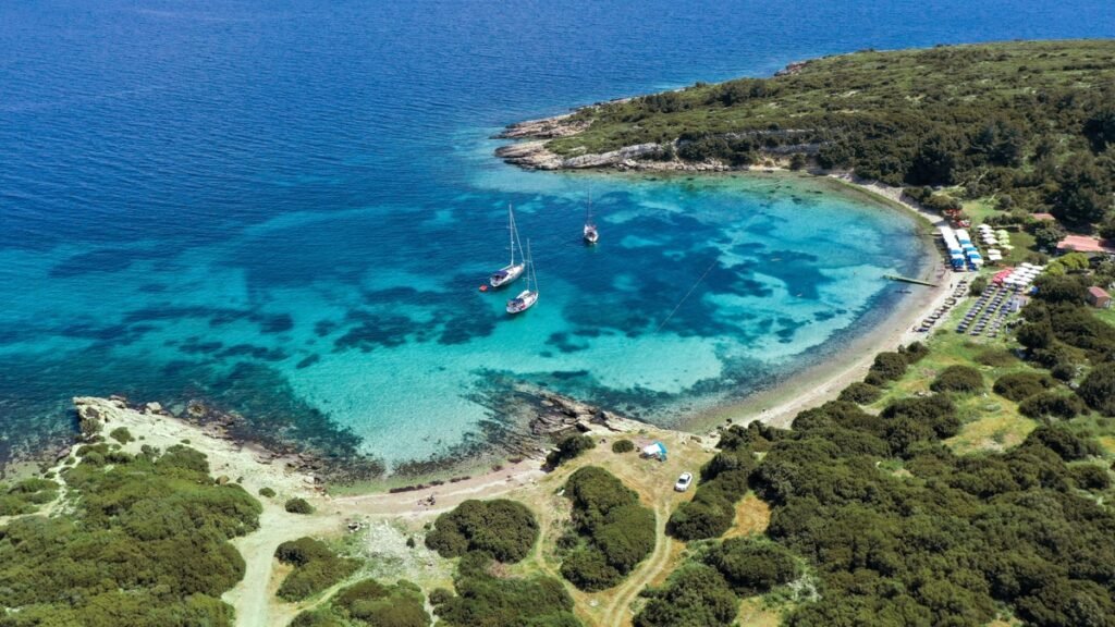 Bodrum Bay in Urla with clear sea and relaxed beach facilities