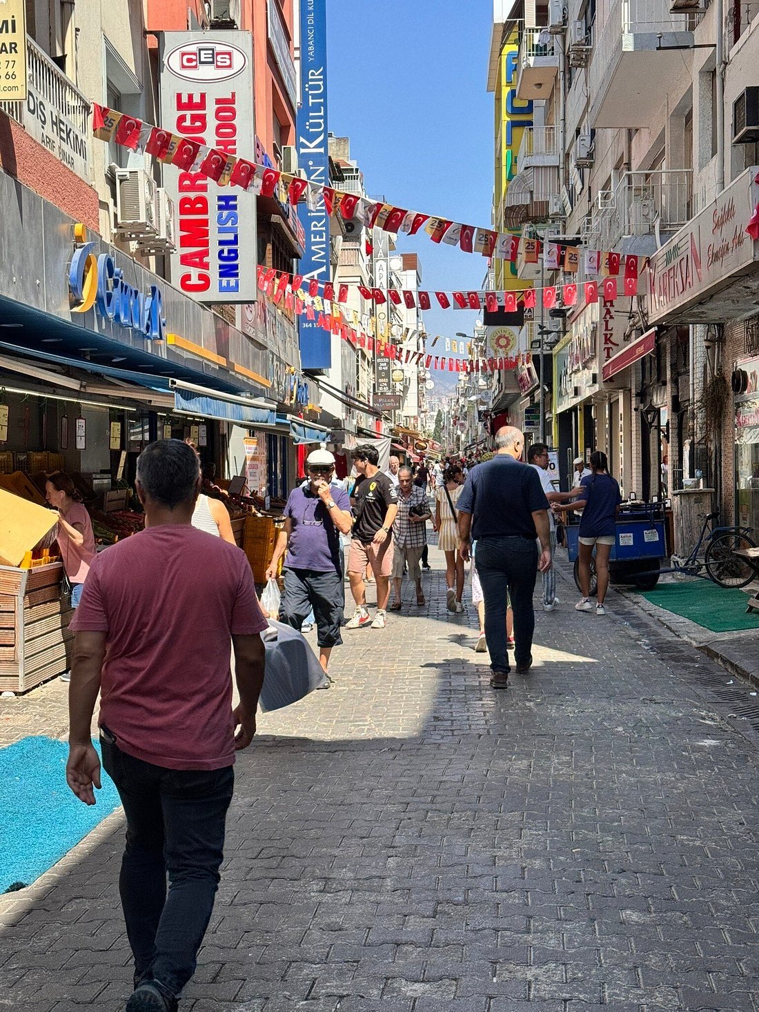 Karşıyaka Bazaar shopping street in Izmir with pedestrians and storefronts
