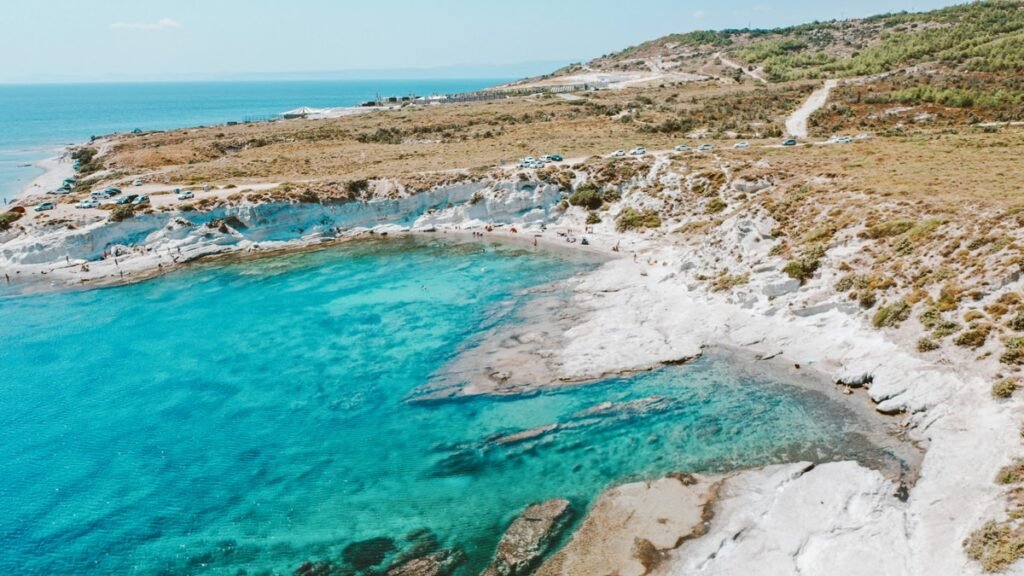 Delikli Koy in Çeşme with white rocks and bright blue water