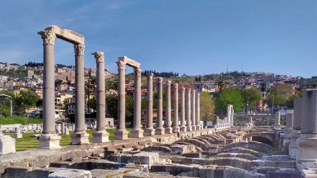 Ancient columns and ruins at Smyrna Agora in Konak