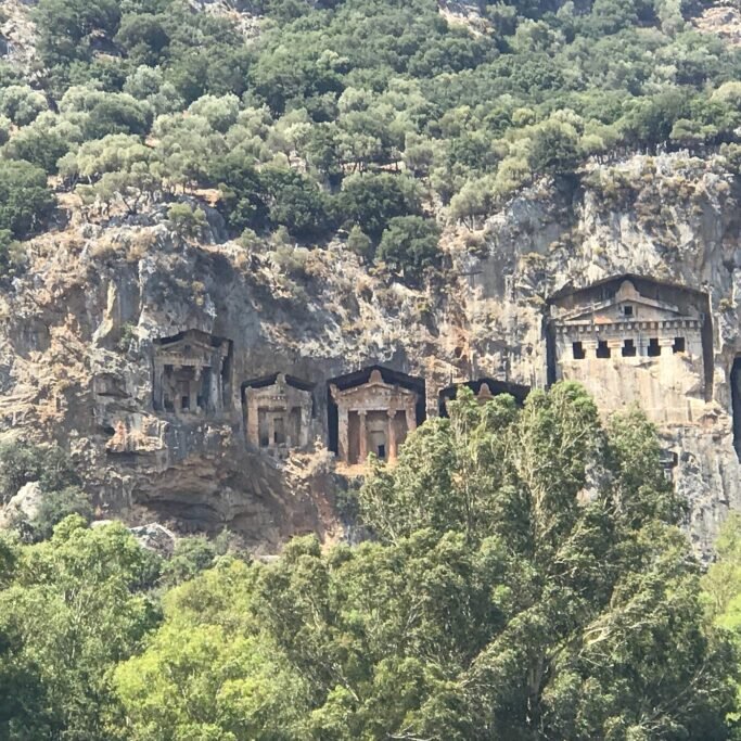 Ancient Carian rock tombs carved into cliffs near Marmaris