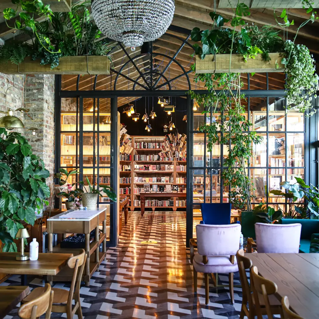 Minoa Istanbul bookstore cafe and restaurant with stylish shelves and dining space