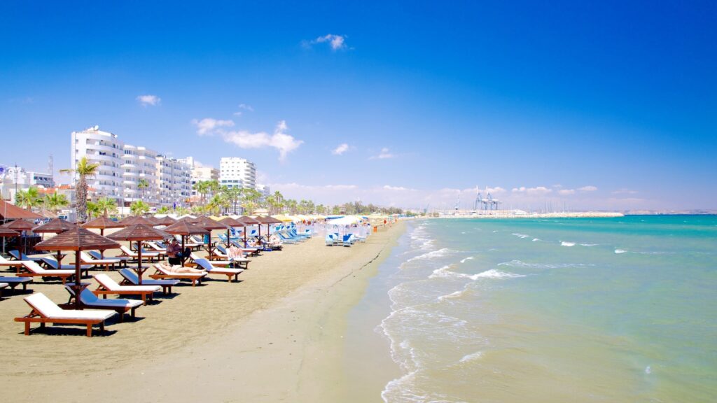 Finikoudes Beach and palm-lined promenade in central Larnaca