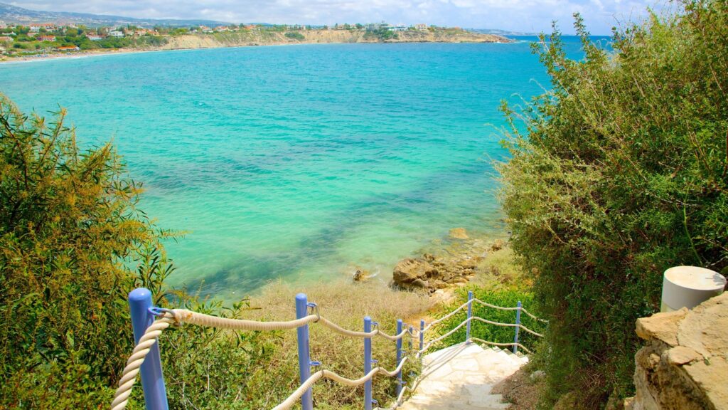 Coral Bay near Paphos with golden sand and calm sheltered water